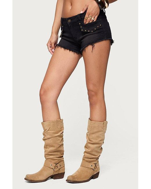Edikted Black Studded Low Rise Denim Micro Shorts