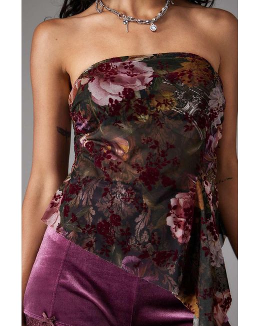 Urban Outfitters Brown Uo Indie Flocked Floral Asymmetric Bandeau Top