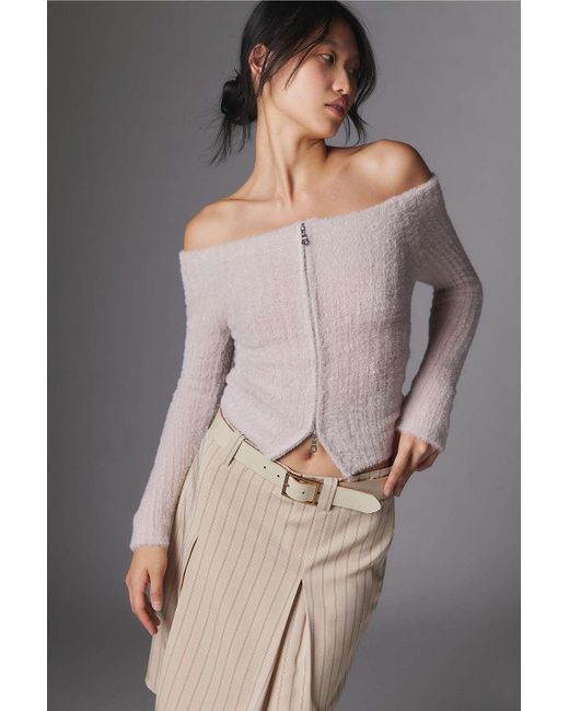 Silence + Noise Gray Silence + Noise Off-the-shoulder Fluffy Knit Cardigan