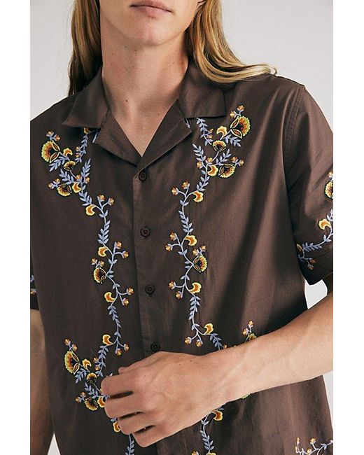 BDG Brown Ornate Embroidered Short Sleeve Button-Down Shirt Top for men