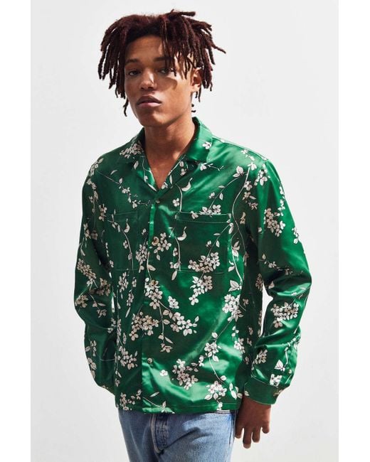 Urban Outfitters Green Uo Floral Glossy Satin Button-down Shirt for men
