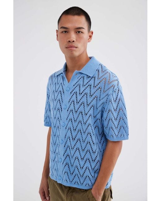 BDG Blue Define Polo Short Sleeve Button-down Sweater for men