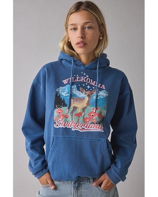 Urban Outfitters Women's Blue Willkomma Switzerland Graphic Hoodie Sweatshirt