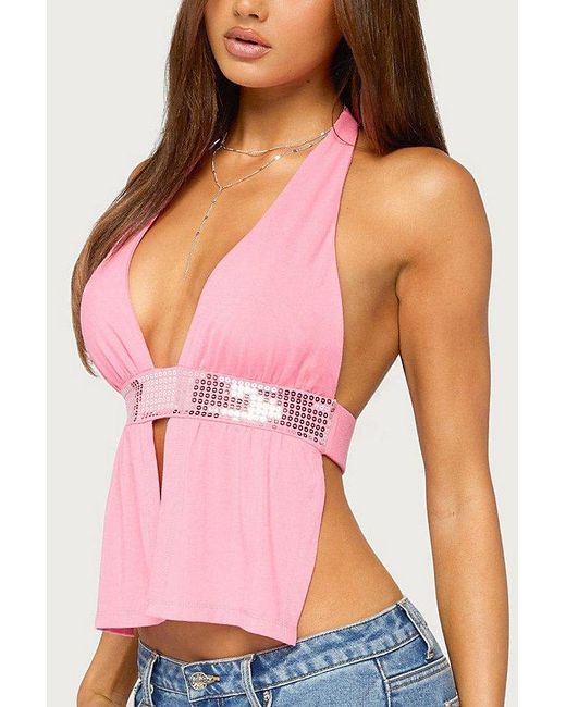 Edikted Pink Heily Sequin Split Front Backless Top
