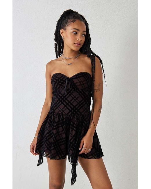 Urban Outfitters Black Uo Bandeau Flocked Check Playsuit