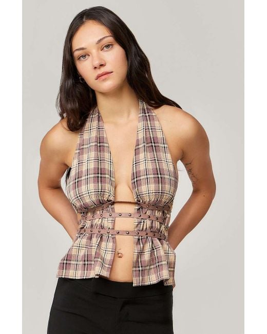 Jaded London Check Halter Top in Natural | Lyst UK