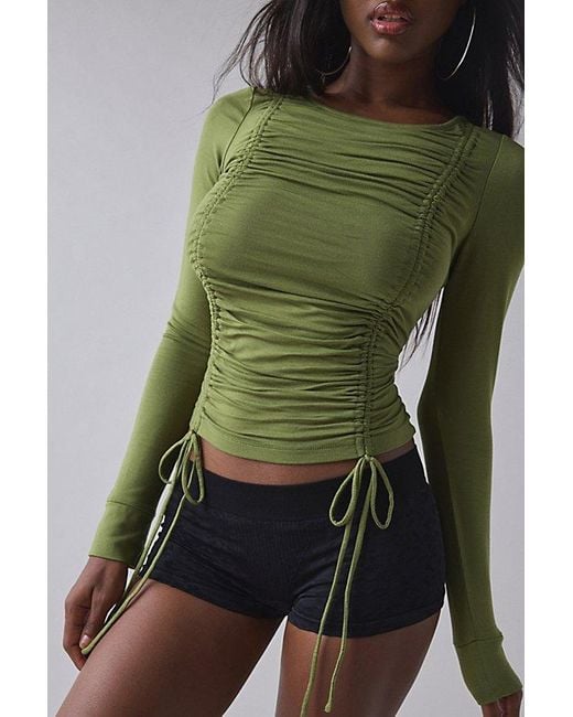 1st Position By Tinashe Green Uo Exclusive Keep Up Ruched Adjustable Tie Long Sleeve Top