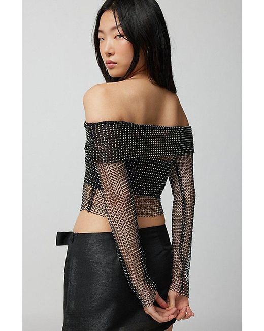 Urban Outfitters Black Uo Diana Diamante Fishnet Off-The-Shoulder Top