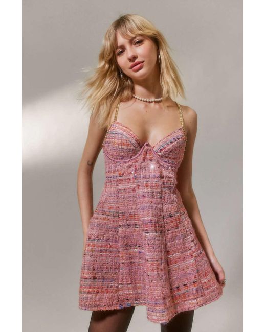 For Love & Lemons Pink Celine Tweed Chain Mini Dress
