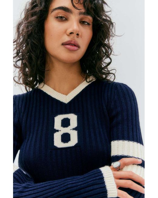 Urban Outfitters Blue Uo Ribbed Knit Football Long Sleeve T-shirt