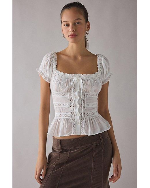 Kimchi Blue White Nora Lace Trim Puff Sleeve Button-Up Blouse