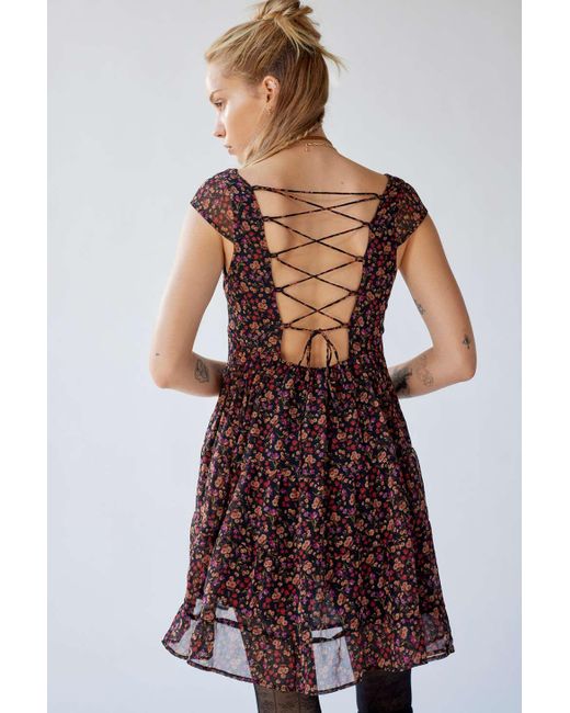 Urban Outfitters Uo Justine Printed Lace-up Mini Dress | Lyst