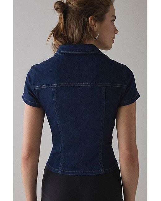 BDG Blue Polly Slim Short Sleeve Button-Up Shirt Top