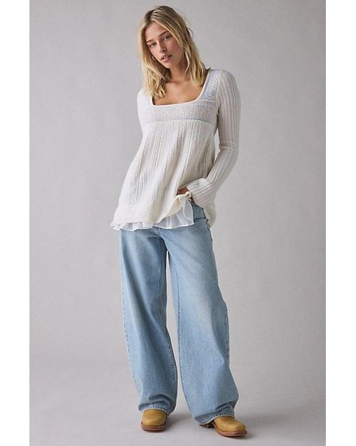 Kimchi Blue White Hannah Printed Ruffle Trim Babydoll Sweater