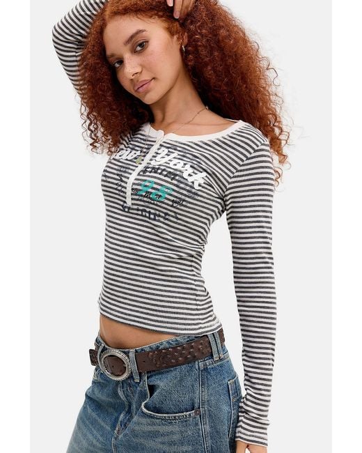 BDG Blue Stripe Long Sleeve Henley Tee