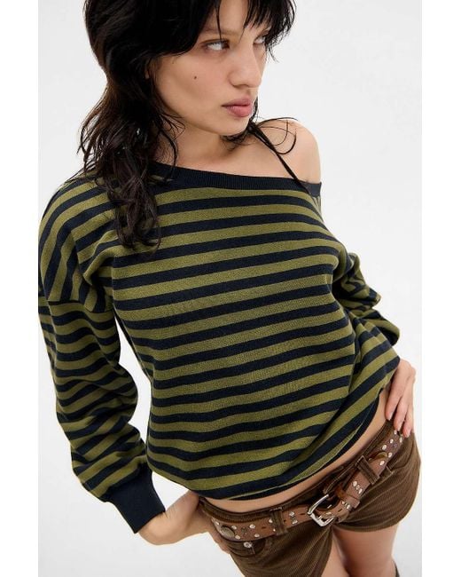 BDG Green Kurt Stripe Off-shoulder Sweatshirt