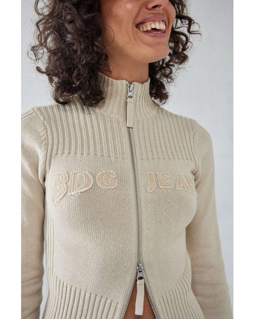 BDG Natural Zip-through Distressed Applique Knit Track Top