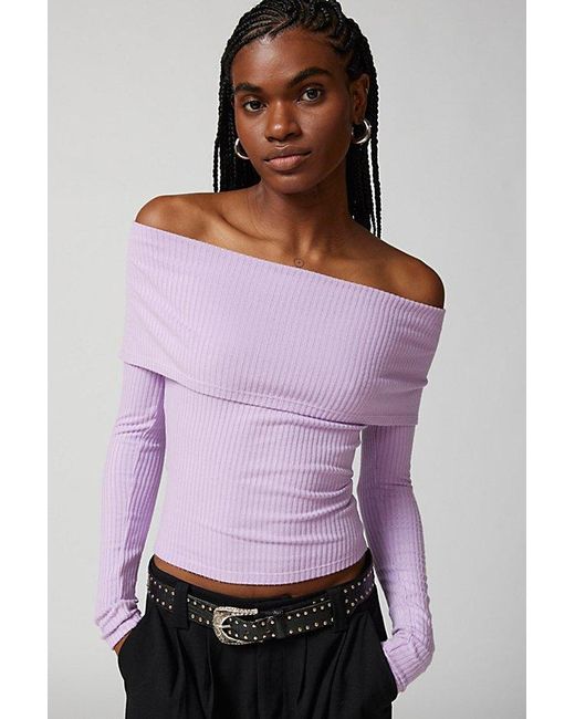 Urban Outfitters Purple Uo Hailey Foldover Off-The-Shoulder Long Sleeve Top
