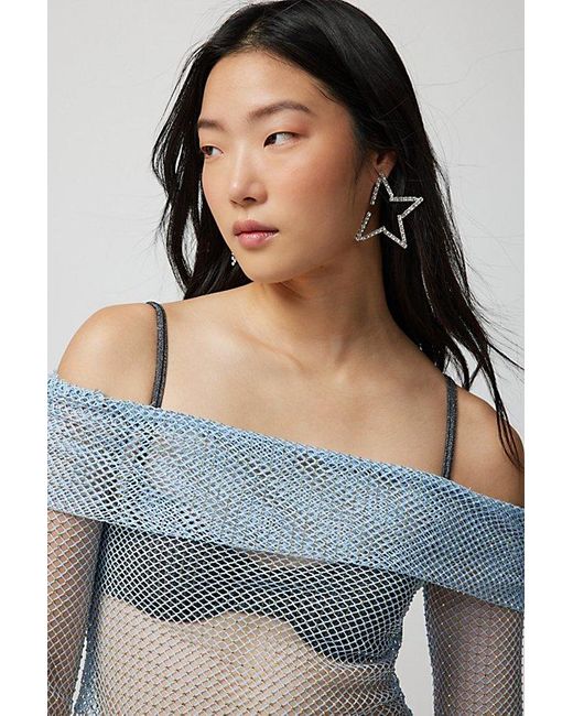 Urban Outfitters Blue Uo Diana Diamante Fishnet Off-The-Shoulder Top