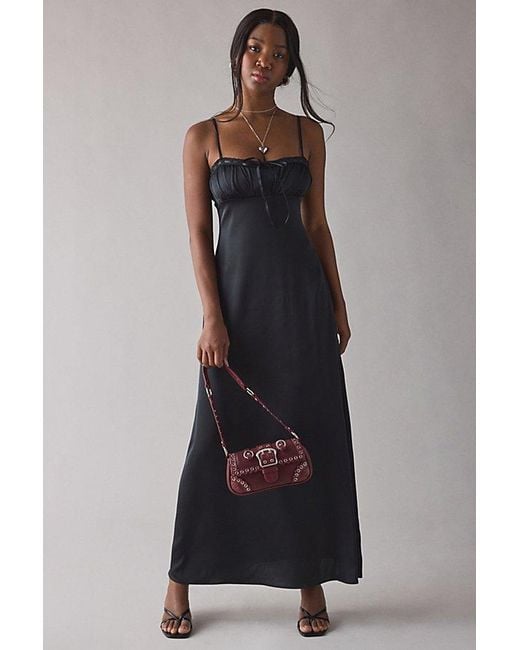 Urban Outfitters Uo Tied With A Bow Lace + Ribbon Trim Satin Slip Maxi Dress  in Black | Lyst