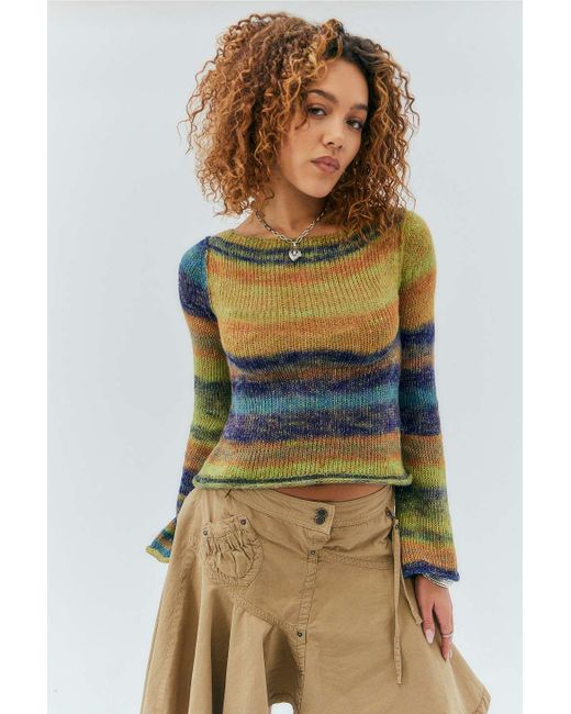 Urban Outfitters Green Uo Space-dye Fluted Sleeve Ribbed Knit Top