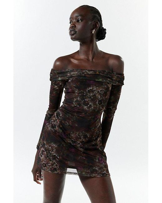Urban Outfitters Brown Uo Isla Long Sleeve Off-The-Shoulder Mini Dress
