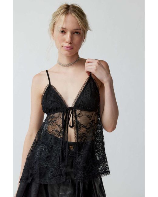 Urban Outfitters Uo Roxie Sheer Lace Flyaway Cami In Black,at