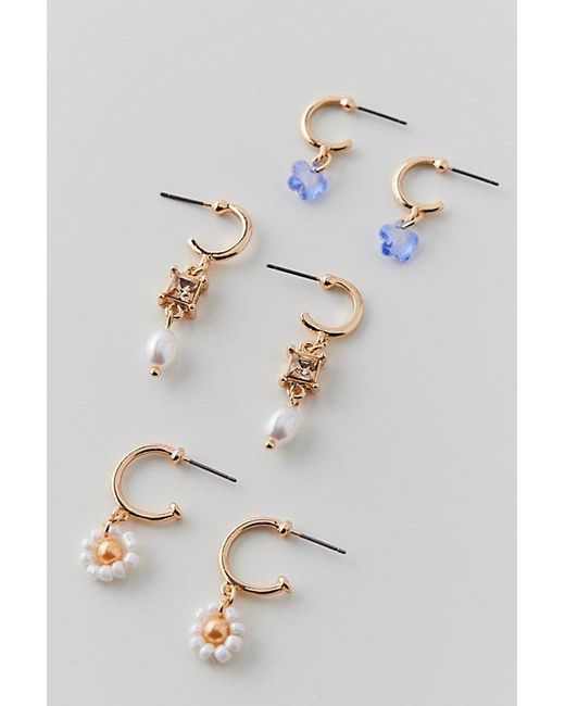 Urban Outfitters Metallic Flower And Pearl Charm Mini Hoop Earring Set