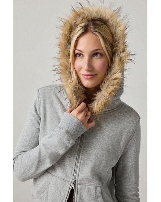 Out From Under Gray Bundle Up Faux Fur Trim Zip-Up Hoodie Sweatshirt