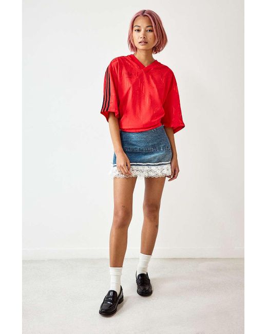 Urban Renewal Red Remade From Vintage Denim & Lace Mini Skirt