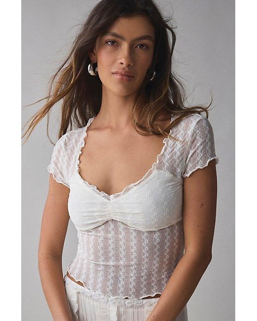 Kimchi Blue Gray Anabella Textured Sheer Mesh Lettuce-Edge Top