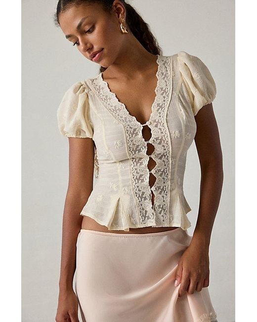 トップス rurumu: puff sleeve lace over blouse Crochet Lace Puff Sleeve Lace Trim Top – Home of Hanger Haus