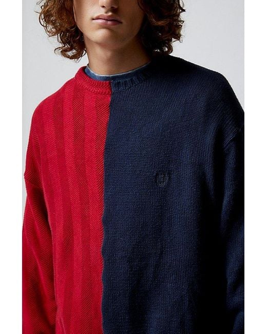 Urban Renewal Red Remade Uneven Splice Crew Neck Sweater for men