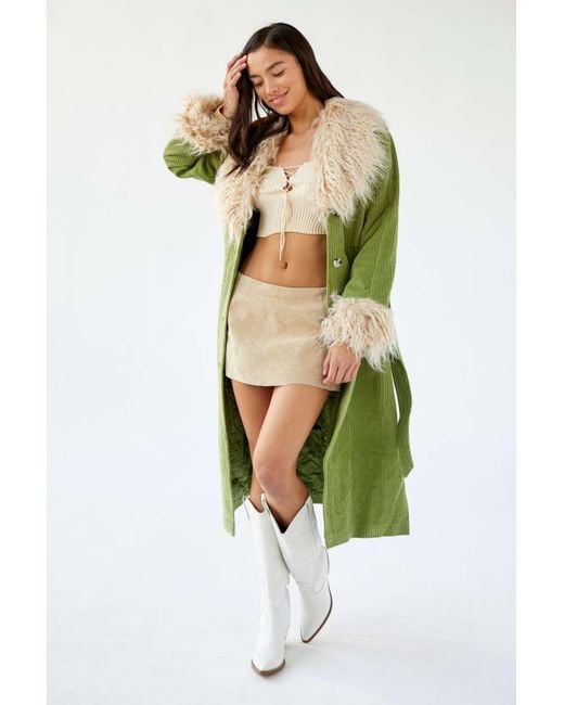 Urban Outfitters White Uo Isabella Corduroy Faux Fur Trim Coat