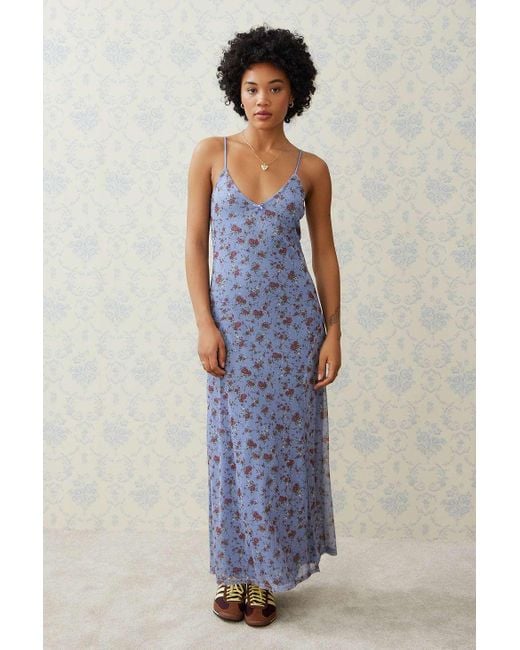 Urban Outfitters Blue Uo Floral Mesh Maxi Dress