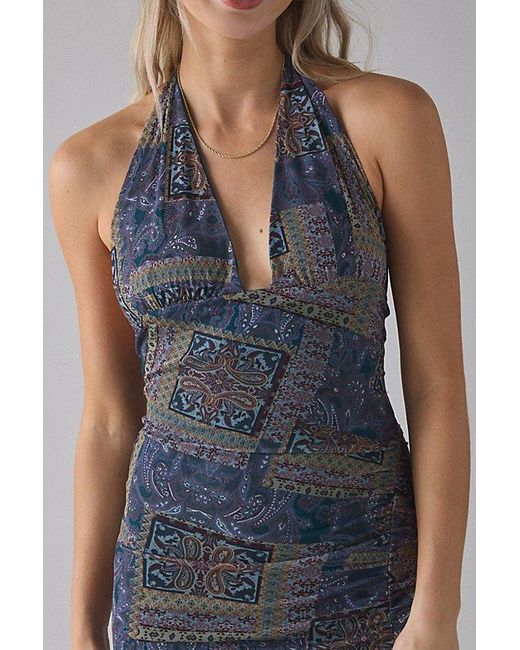 Urban Outfitters Uo Deep Plunge Halter Ruched Mesh Midi Dress in Blue | Lyst