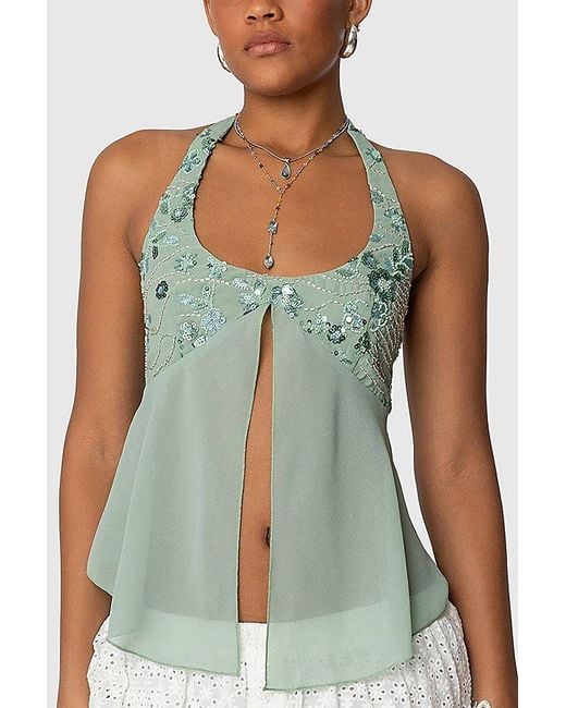 Edikted Blue Sequin Chiffon Split Front Top