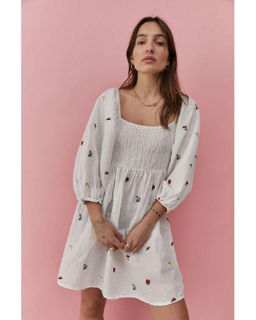 Urban Outfitters Multicolor Uo Sofia Embroidered Fruit Floral Linen Mini Dress