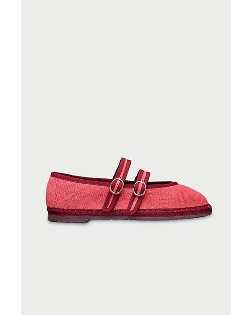 Flabelus Red Double Strap Linen Mary Jane Flat