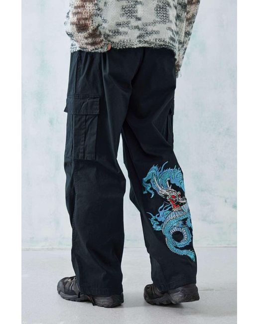 Ed Hardy Blue Uo Exclusive Embroidered Dragon Cargo Pants for men