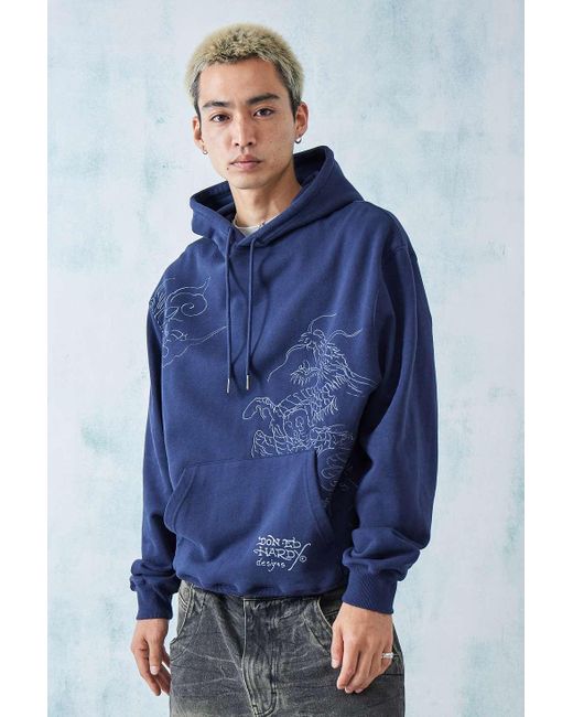 Ed Hardy Uo Exclusive Blue Dragon Embroidered Hoodie for men