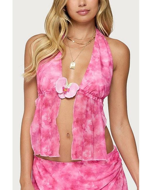 Edikted Pink Tiedye Mesh Split Front Backless Top