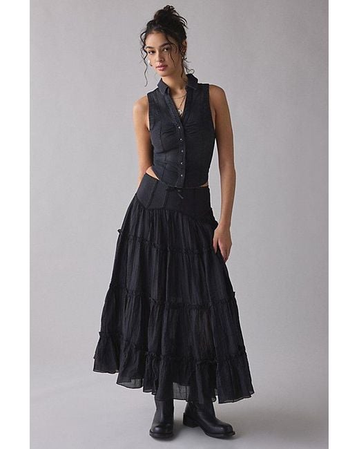 Kimchi Blue Charlie Lace Trim Semi-Sheer Tiered Maxi Skirt in Black | Lyst