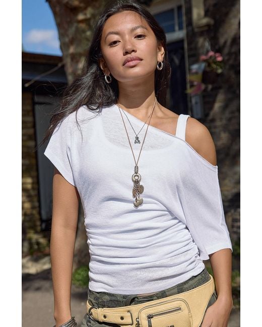 Silence + Noise Black Silence + Noise Sasha Slash Neck Ruched Waist Slubby T-shirt