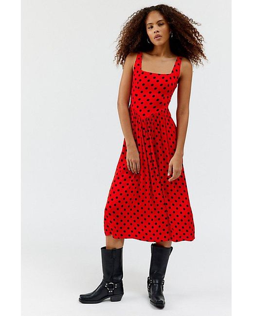 Urban Outfitters Red Uo Lydia Polka Dot Midi Dress