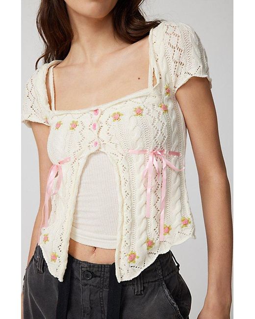 Urban Outfitters Natural Uo Kourtney Floral Embroidered Short Sleeve Cardigan