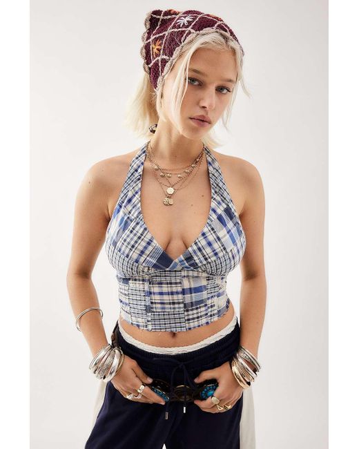 Urban Outfitters Blue Uo Eliza Checked Halter Top