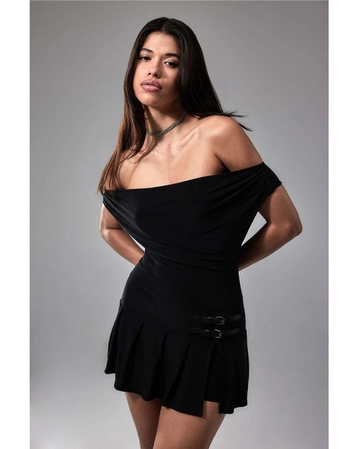 Urban Outfitters Black Uo Off-the-shoulder Kilt Playsuit