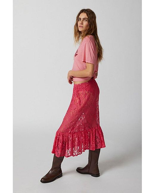Urban Renewal Red Parties Remade Ruffle Hem Lace Maxi Skirt