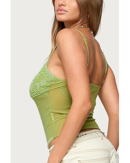 Edikted Green Azelia Beaded Sheer Chiffon Top